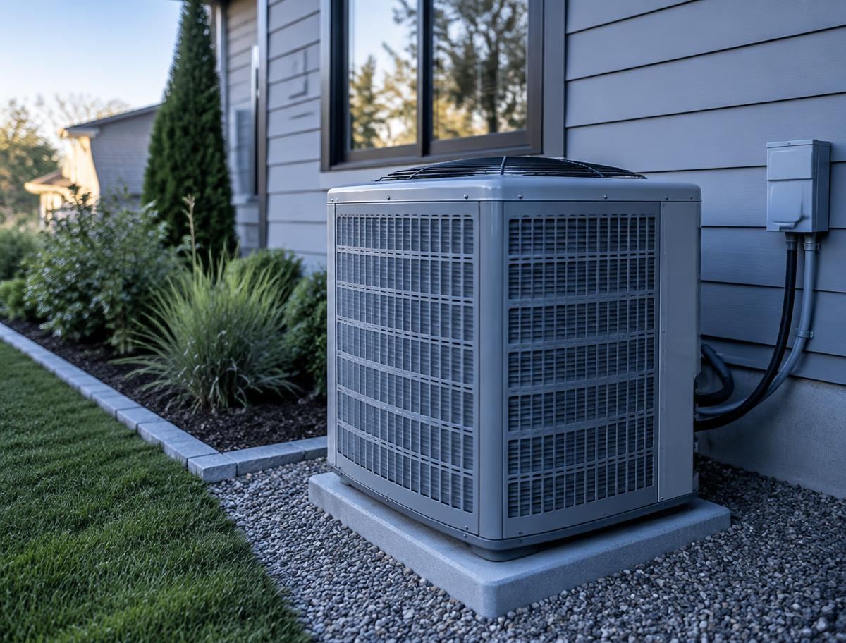 Home exterior with an HVAC condenser unit on a pad beside the house